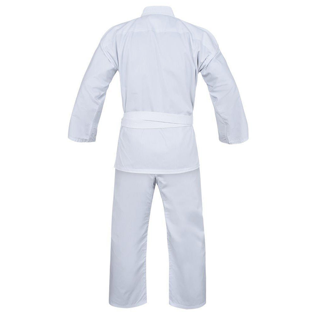 White Karate Gi by Rewon, durable polyester/cotton blend, ideal for training. Includes room for movement, suitable for fitness.
