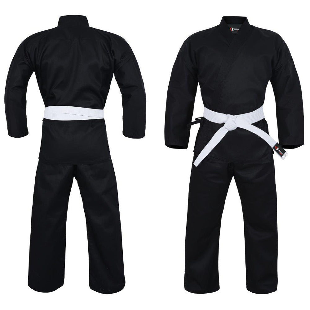 Black karate Gi by Rewon, durable polyester/cotton blend, ideal for boxing and fitness training, includes white belt, front and back view.