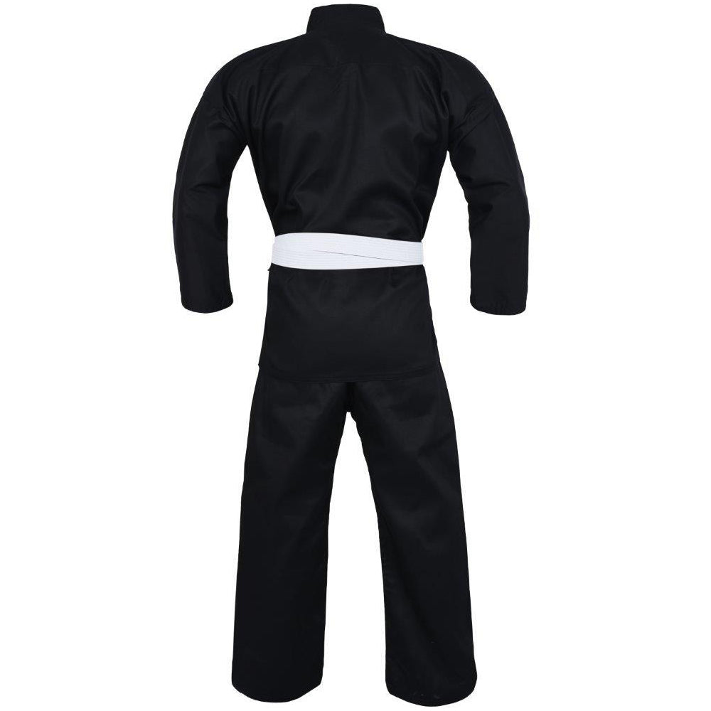 Schwarzer Karateanzug mit weißem Gürtel, ideal für Boxen und Fitness, hergestellt aus strapazierfähigem Polyester/Baumwolle.