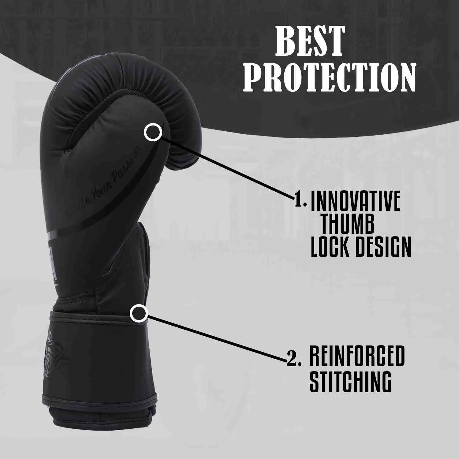 Black boxing glove highlighting innovative thumb lock and reinforced stitching for best protection.