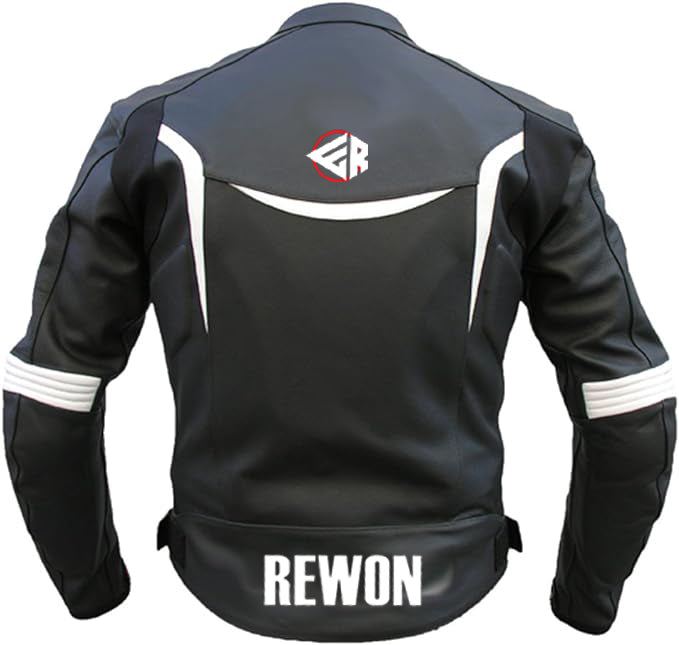 Rear view of black leather motorcycle jacket with logo, featuring CE-approved protection, perfect for boxing and fitness enthusiasts.