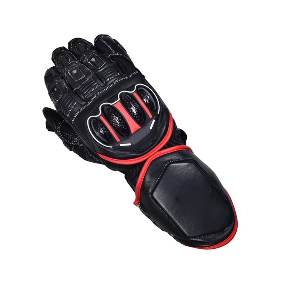 Black leather motorcycle gloves with red accents featuring protective moulding, water-proof design, and smartphone touch compatibility.