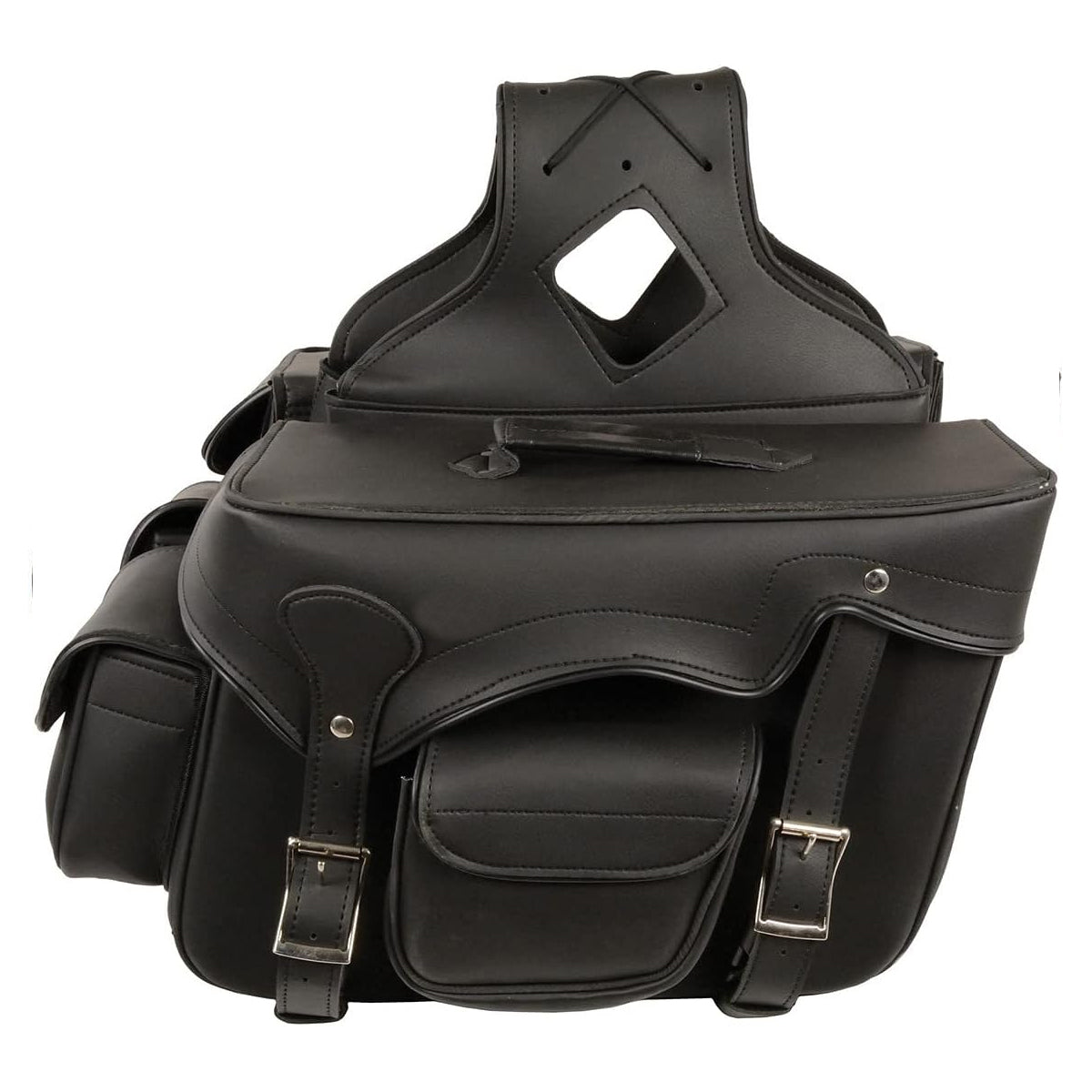 Motorcycle leather saddle bags featuring reinforced stitching. Great for fitness gear like MMA gloves & home boxing equipment.