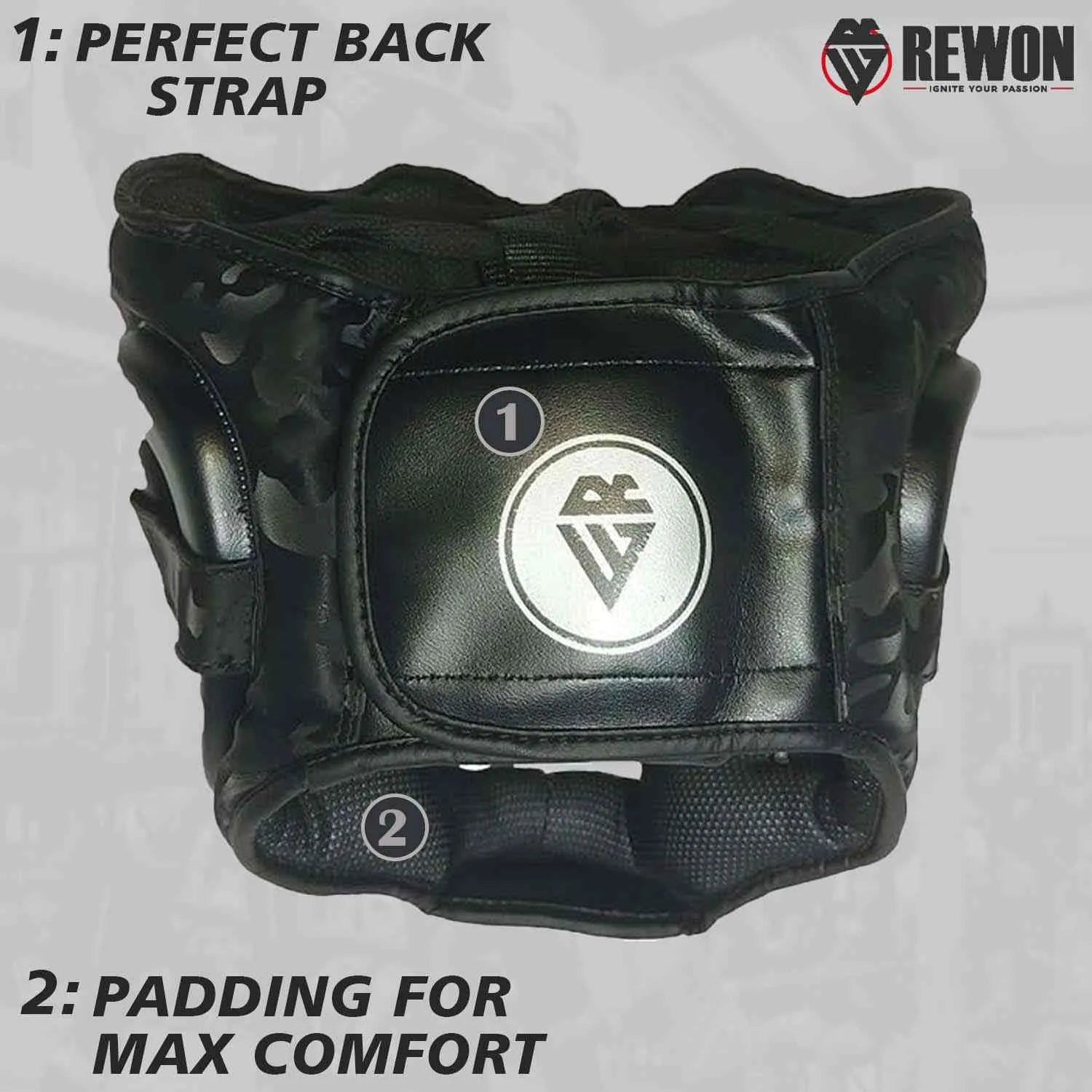 Rewon camouflage boxing headgear with perfect back strap and padding for comfort, ideal for MMA and kickboxing training.