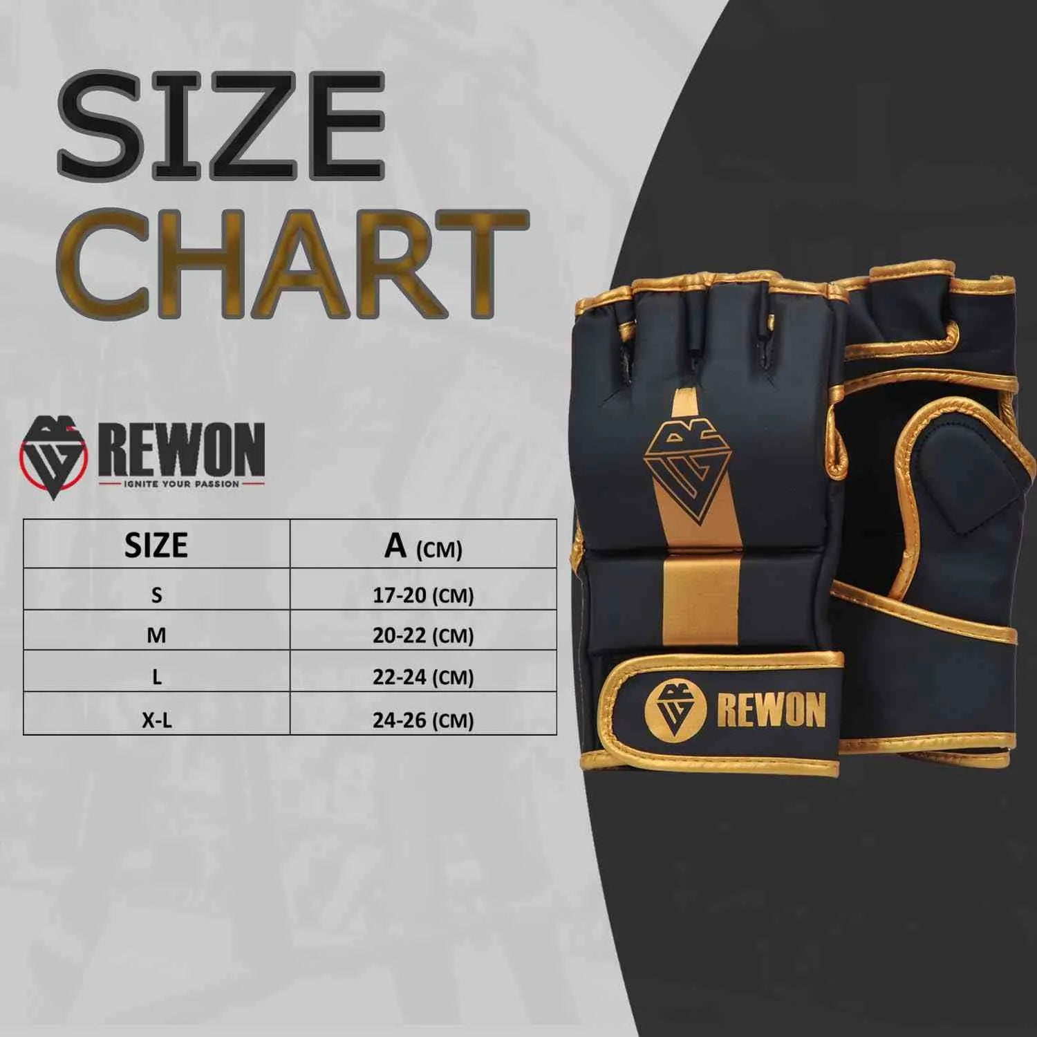 Rewon Striker 2.0 MMA-Handschuhe in Schwarz/Gold mit Größenangaben für Box- und Fitness-Training.