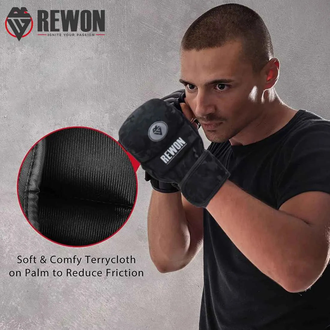MMA Shooter Handschuhe von Rewon in Aktion, weiche Kunstleder-Technologie, Boxtraining Zubehör, ideal für Boxen und Fitness.