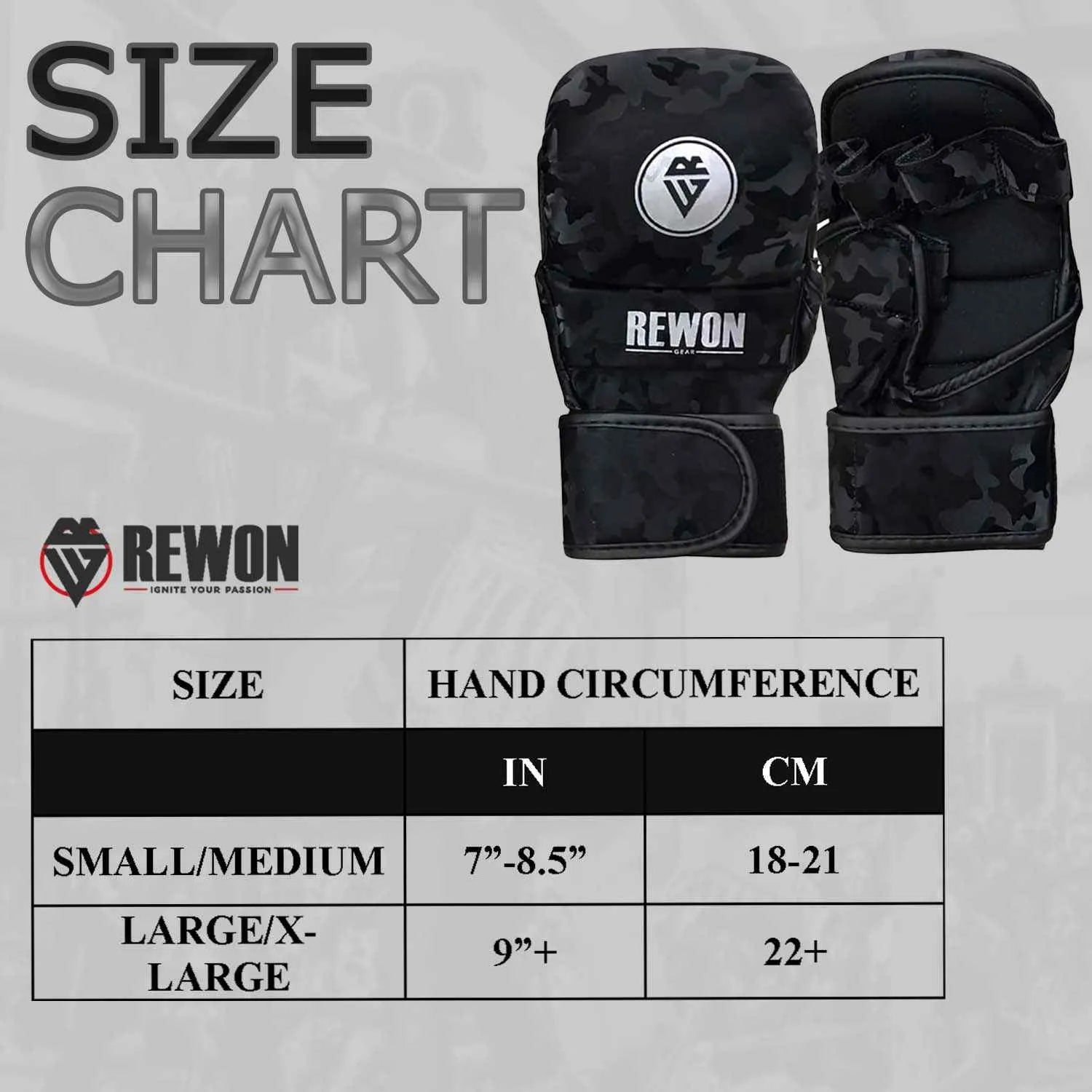 Size chart for Rewon MMA Shooter Gloves in night camouflage design, ideal for boxing and fitness, available in two sizes.