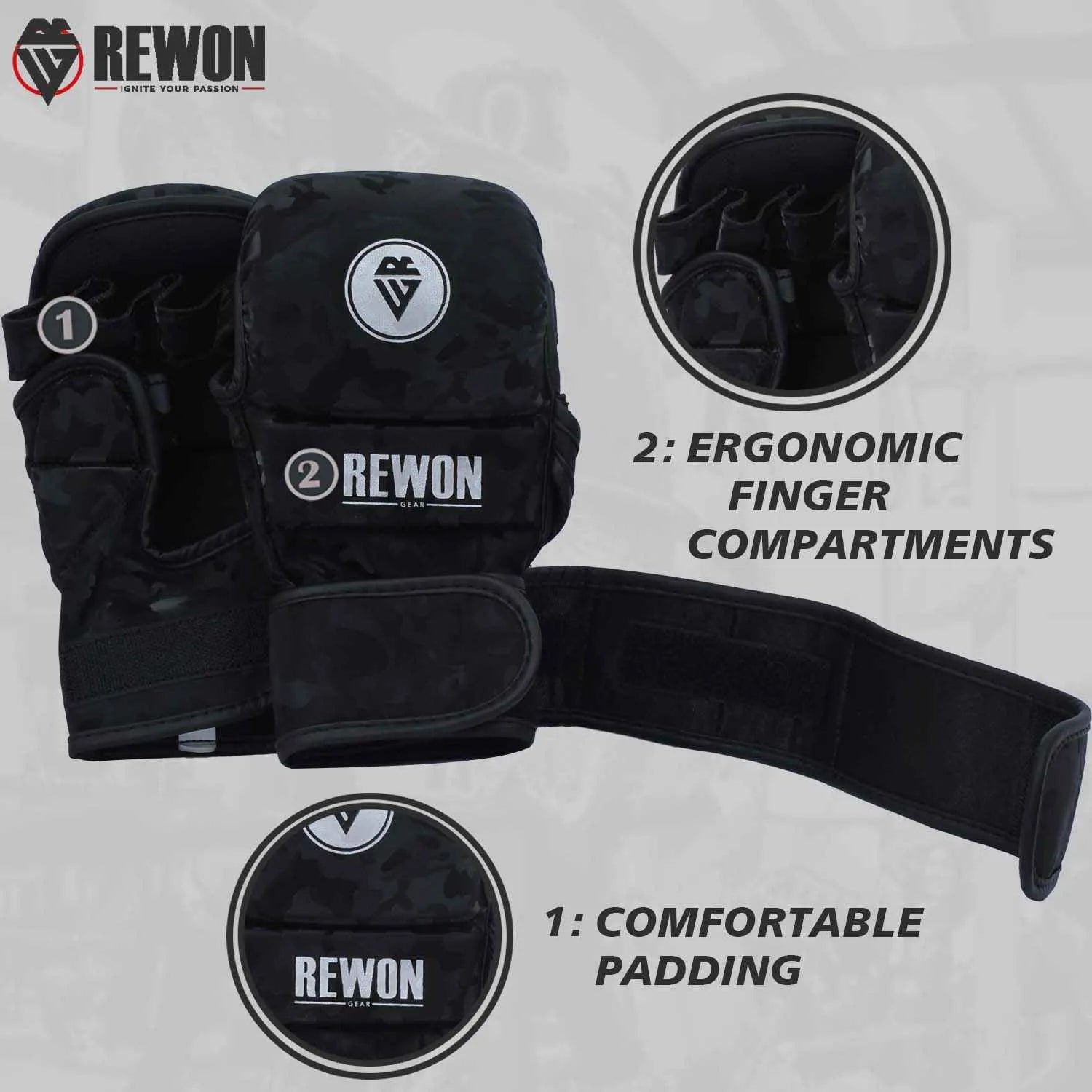 MMA Shooter Handschuhe – Nachttarnung Rewon, ergonomische Fingerfächer, bequeme Polsterung, Boxtraining und Fitnessausrüstung.