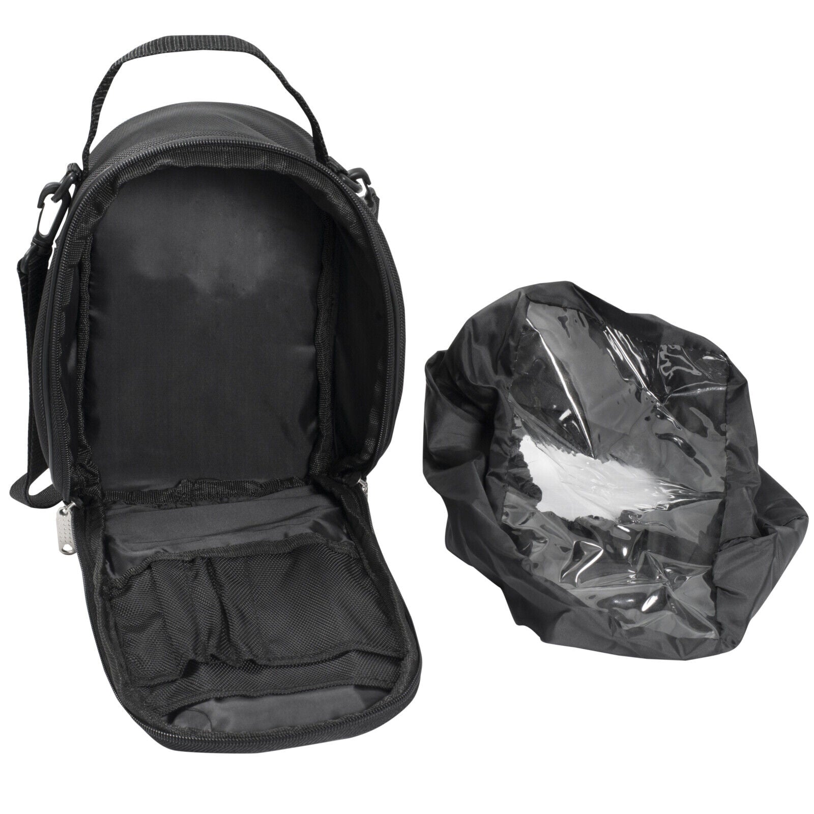 Black motorcycle tank bag with rain cover, reinforced seams, transparent window, and convertibility to a walking bag, ideal for touring.