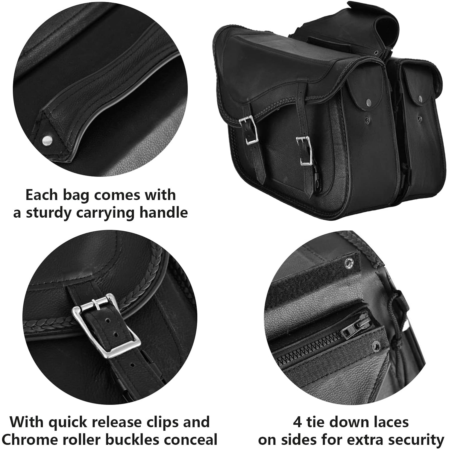 Black leather motorcycle saddle bags with quick-release clips and sturdy handles, ideal for biking and storing fitness gear.