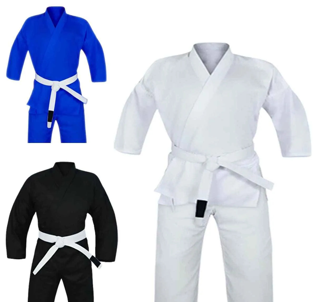 Ju Jutsu Gi BJJ Kimono in white, blue, black with a free belt, ideal for training and competition, superior quality martial arts uniform.