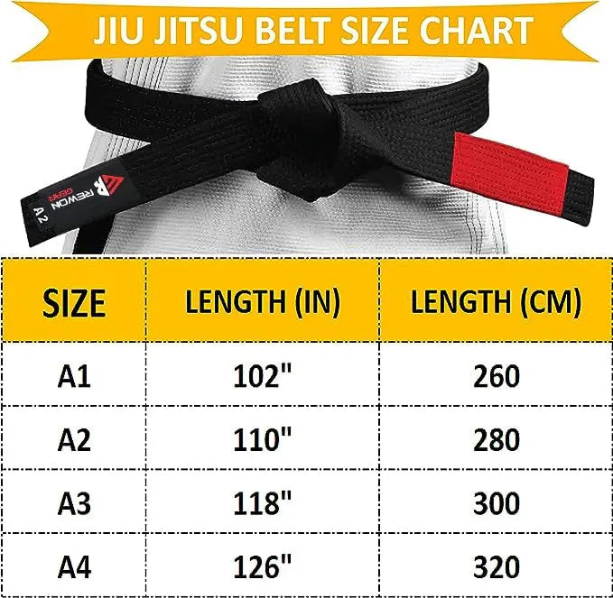 Rewon Jiu Jitsu belt size chart showcasing lengths in inches and centimeters for BJJ kimono belts, sizes A1 to A4.