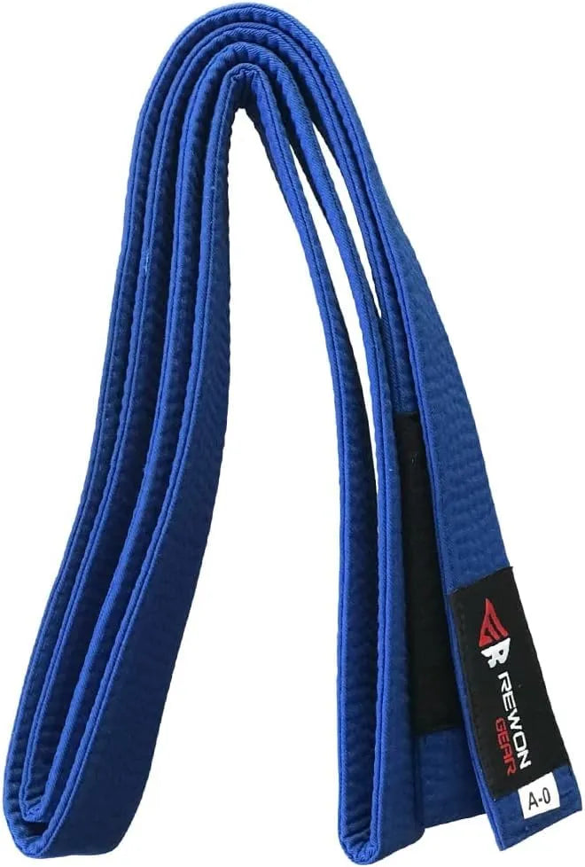 Rewon BJJ Kimono Belt in blue, ideal for Brazilian Jiu Jitsu training; enhances grip, control, and support for throws and defense.