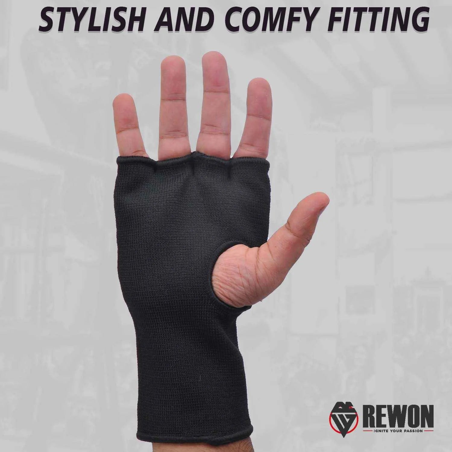 Black Rewon handwraps for boxing and fitness, featuring breathable gel material and a snug fit for support and comfort during workouts.