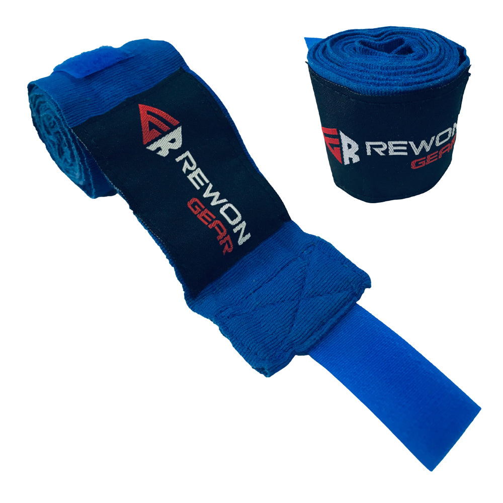 Rewon blue wrist wraps for boxing and fitness, providing support and protection, suitable for kickboxing and MMA.