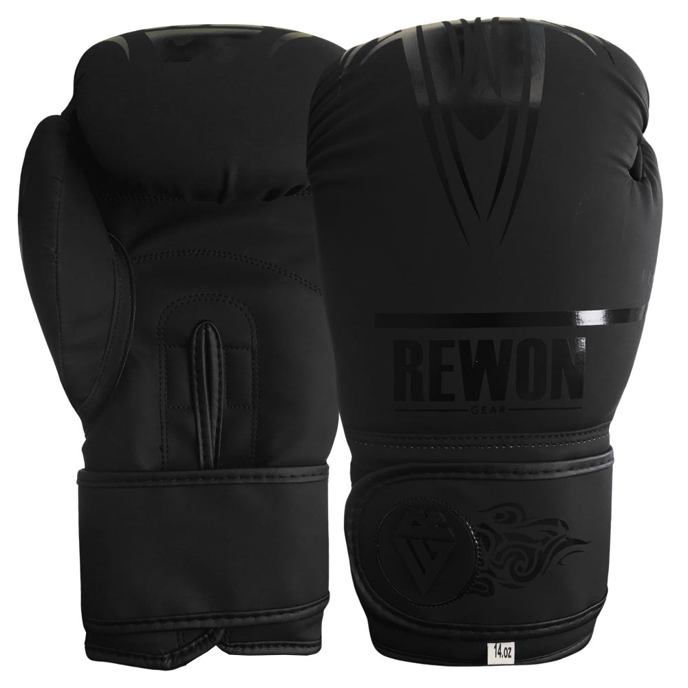 Rewon black boxing gloves for beginners with EVA protection, suitable for kickboxing and Muay Thai, ideal for box training.