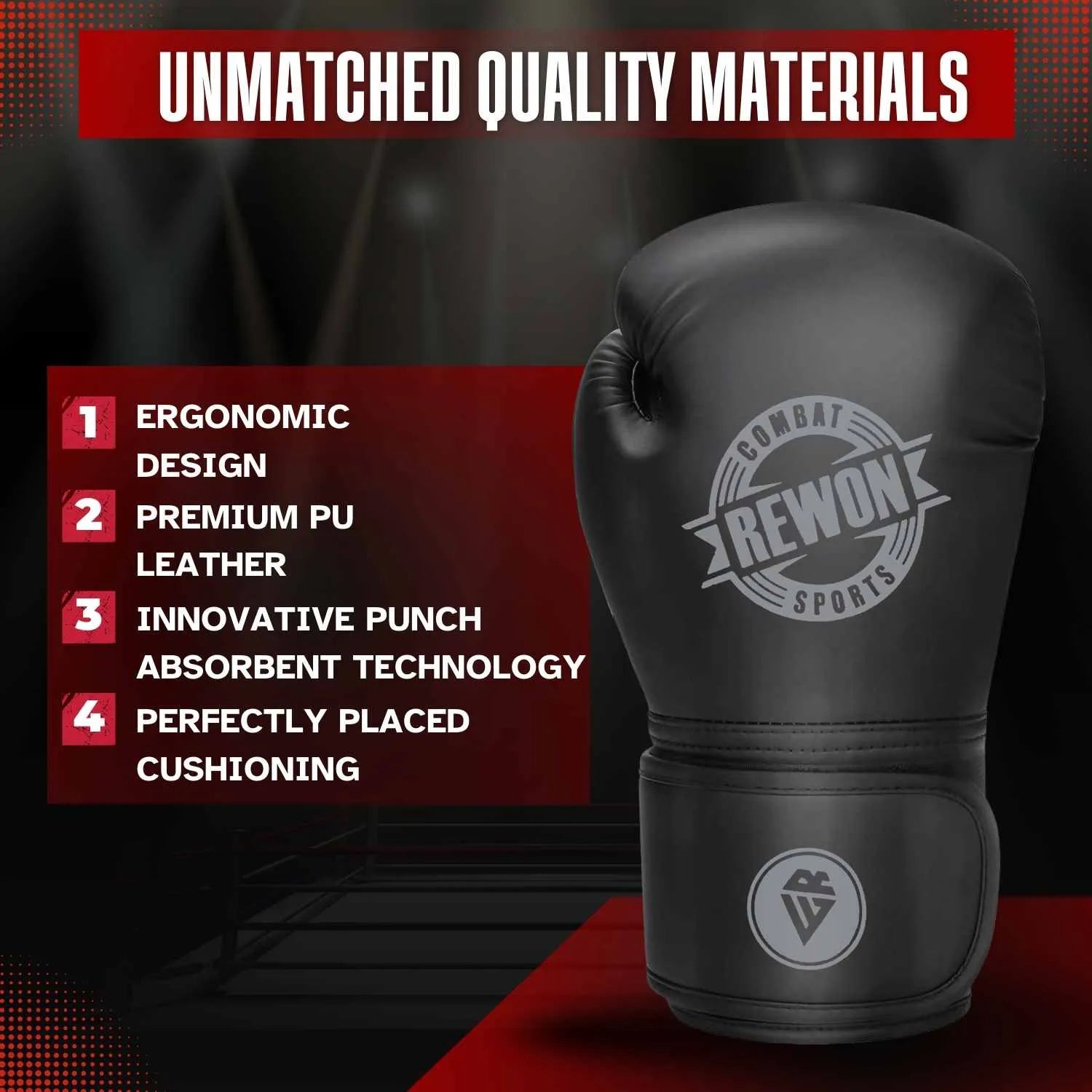 Black Rewon T10 boxing glove features: ergonomic design, premium PU leather, shock absorption, cushioning; ideal for fitness training.