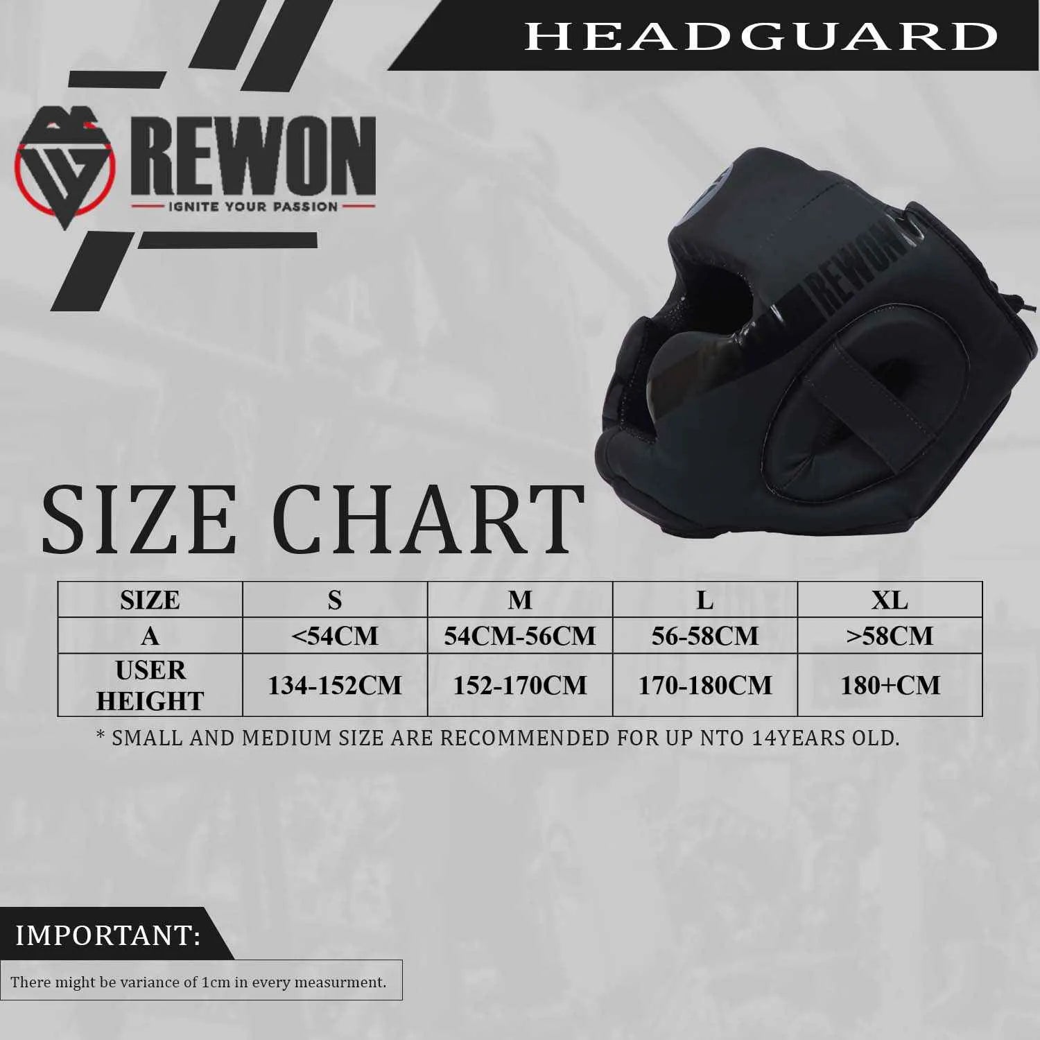 Rewon black headguard with size chart for MMA and boxing, ideal for fitness training and protection for all levels.