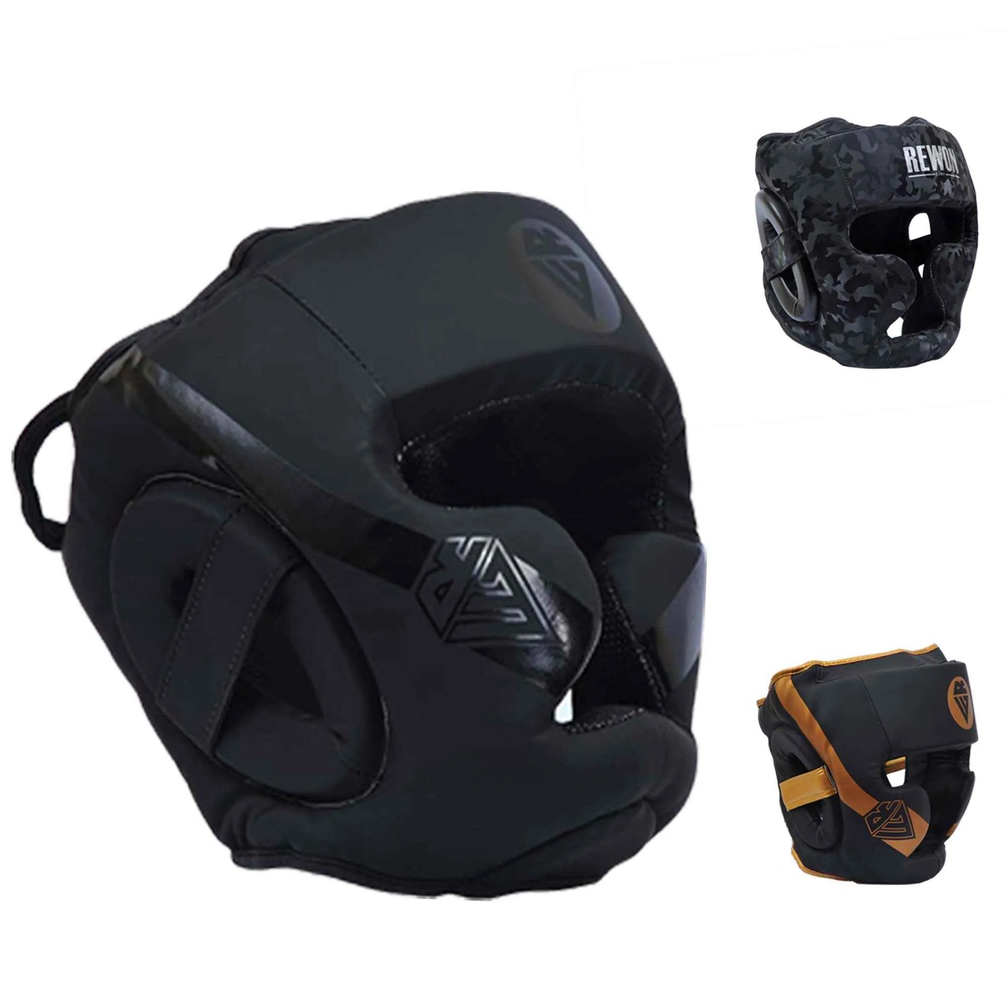 Classic black Rewon boxing headgear for MMA and kickboxing, featuring full-face protection and foam padding. Ideal for all skill levels.
