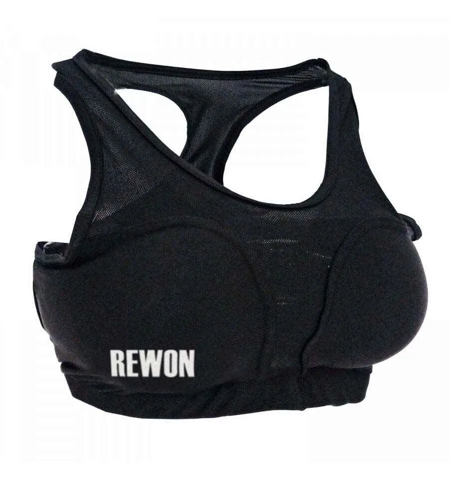 Rewon women's black breathable martial arts chest protector for boxing and fitness training, optimal safety and comfort.