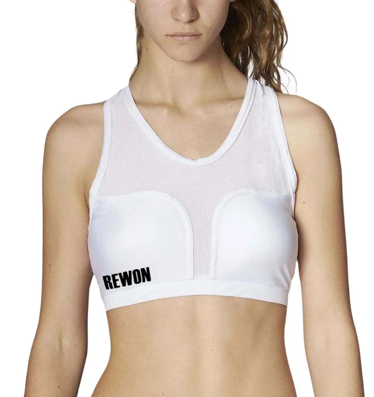 Damen Brustschutz Weiß REWON für Kampfsport, ideal für Karate, Taekwondo, Boxen und Fitness, atmungsaktiv und komfortabel