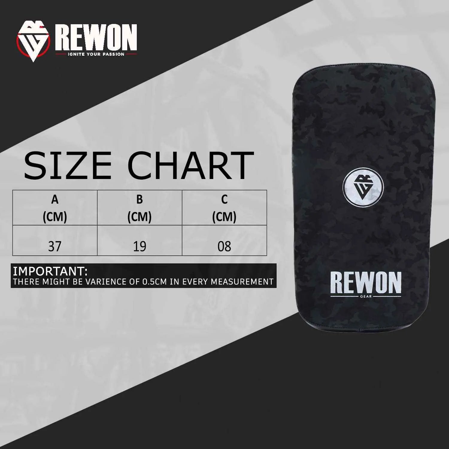 Camouflage Rewon Schlagpolster with size chart, ideal for boxing, MMA, and kickboxing training. Durable high-quality synthetic leather.