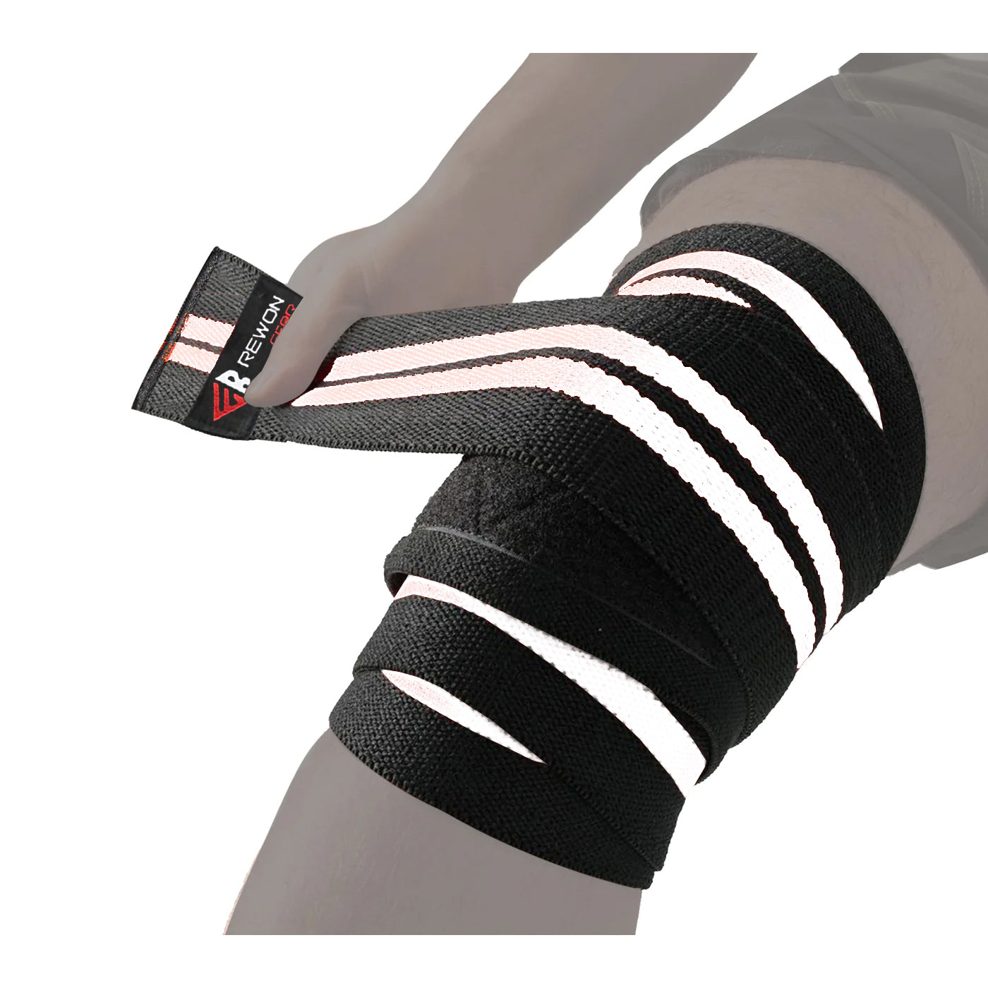 Rewon Gear weightlifting knee wraps in black and white, enhancing leg support and stability during workouts, MMA knee protection pair.