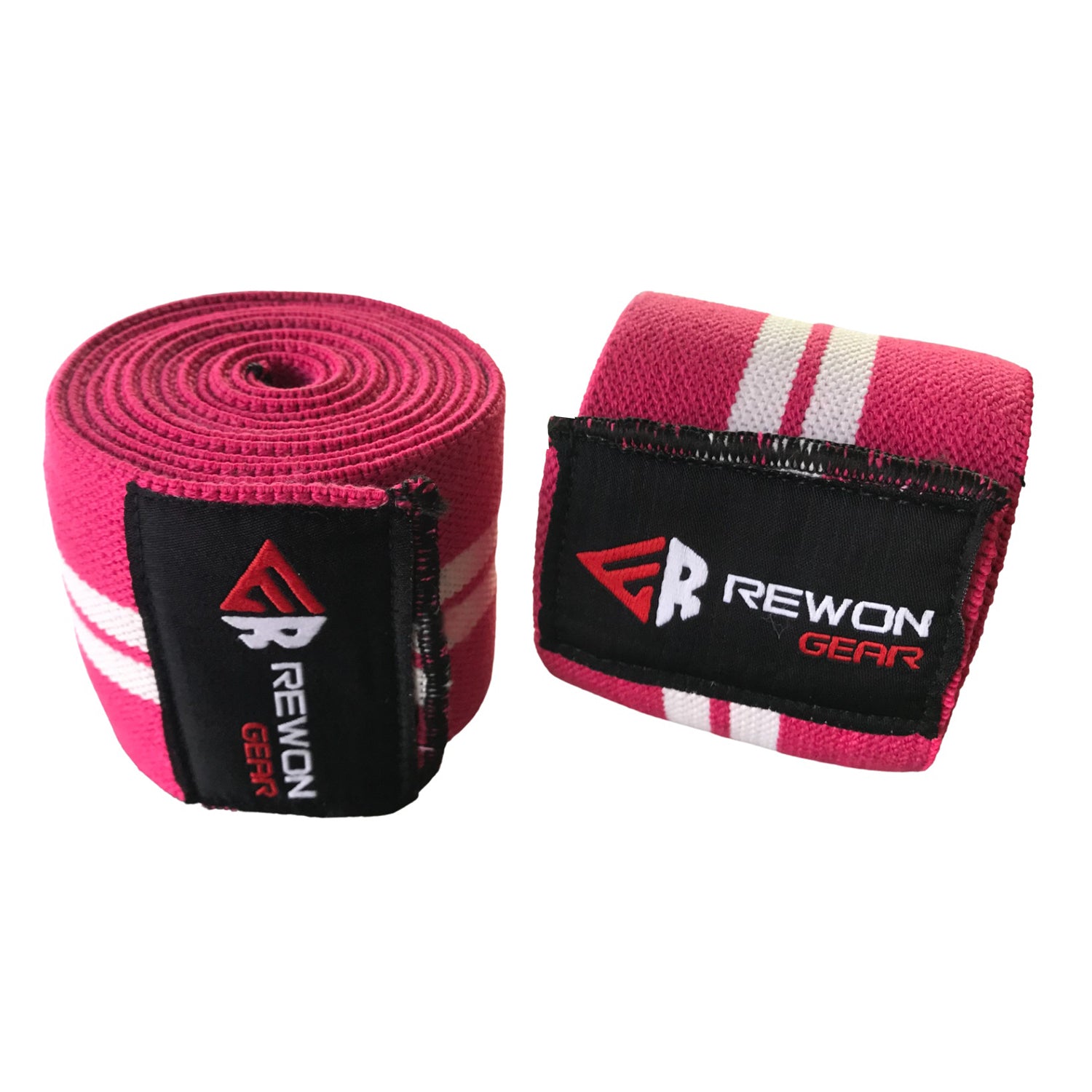 Rewon Gear pink knee wraps for improved leg strength, stability, and support in boxing and fitness training.