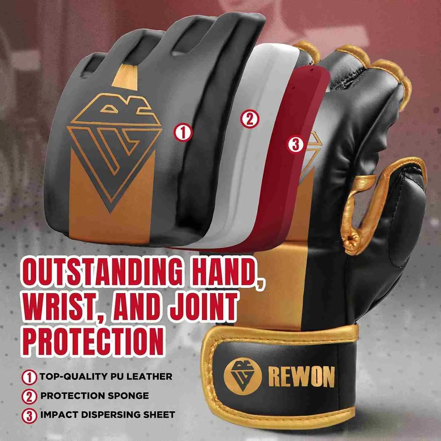 Detailansicht Rewon Gear MMA Handschuhe – Mehrfarbige Schutzausrüstung mit verstärkter Polsterung für intensives Sparring und Training