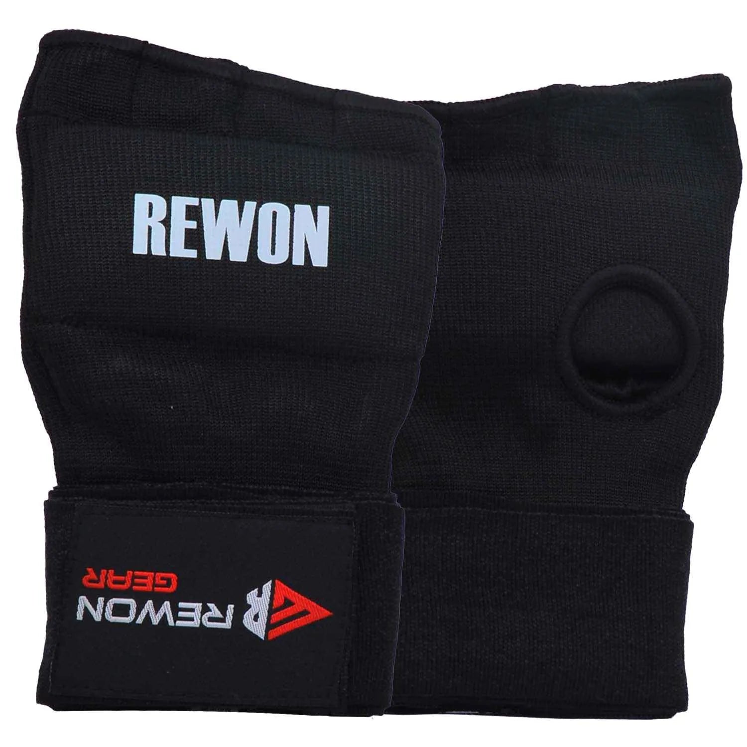 Black Rewon gel boxing hand wraps, breathable, elastic fit, ideal under boxing gloves, suitable for MMA, kickboxing, and fitness training.