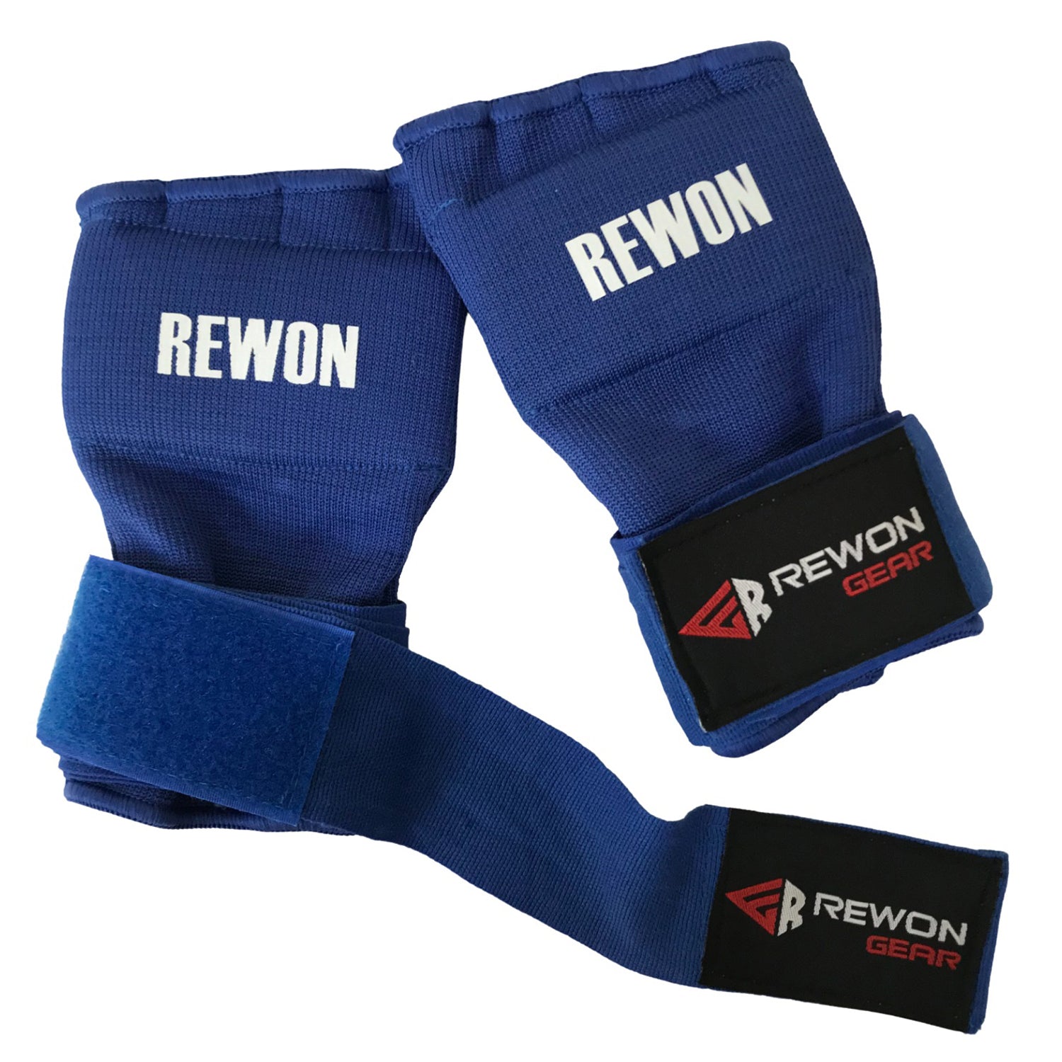 Blaue Gel-Handbandagen Rewon für Boxtraining, Fitness und MMA, elastisch und atmungsaktiv, geeignet für Box- und MMA-Handschuhe.