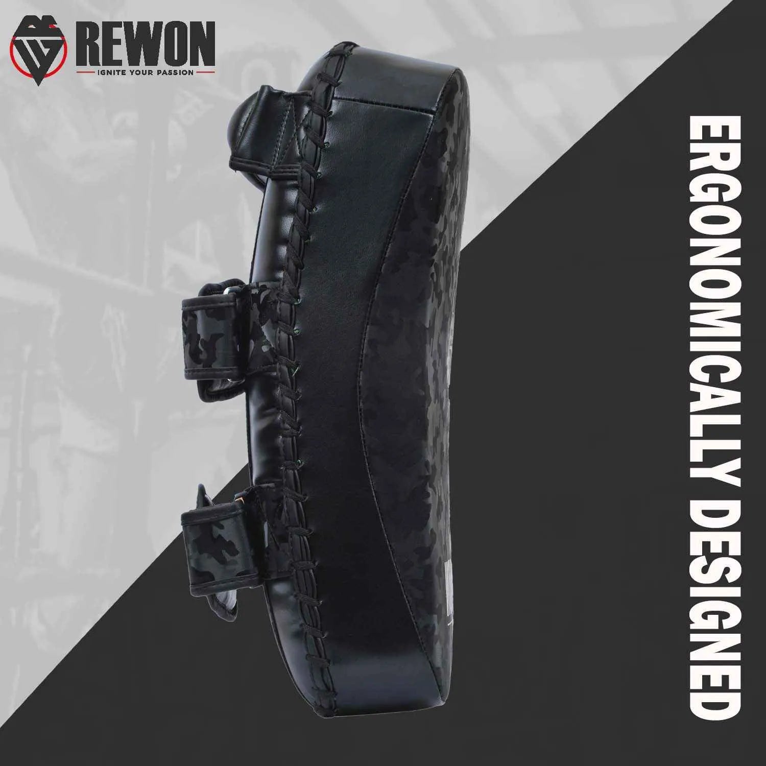 Rewon camouflage kick pad for MMA and boxing training, ergonomic design, high-quality faux leather, durable arm pad fitness accessory.