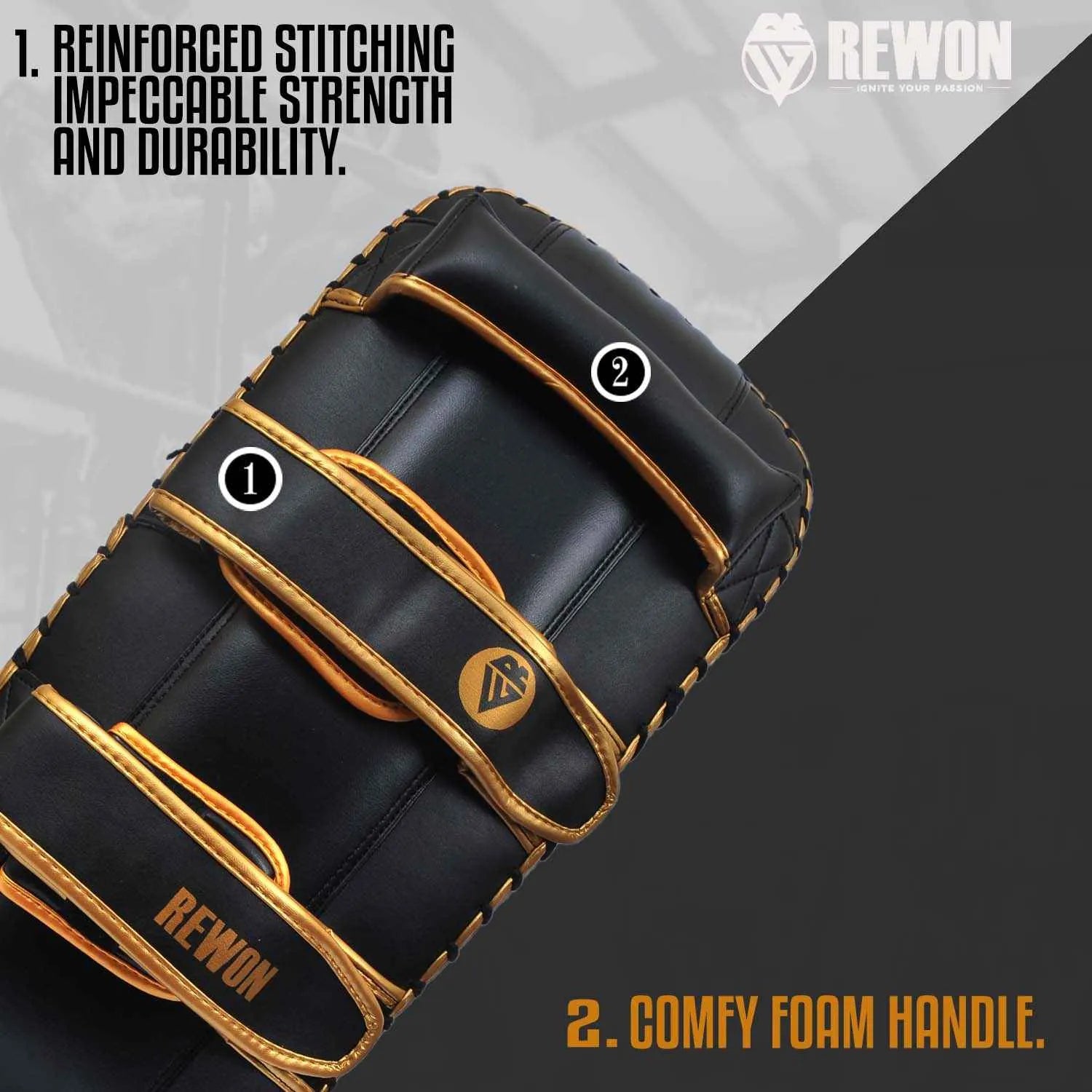 Rewon classic kick pad in black and gold with reinforced stitching and comfy foam handle for boxing and MMA training.