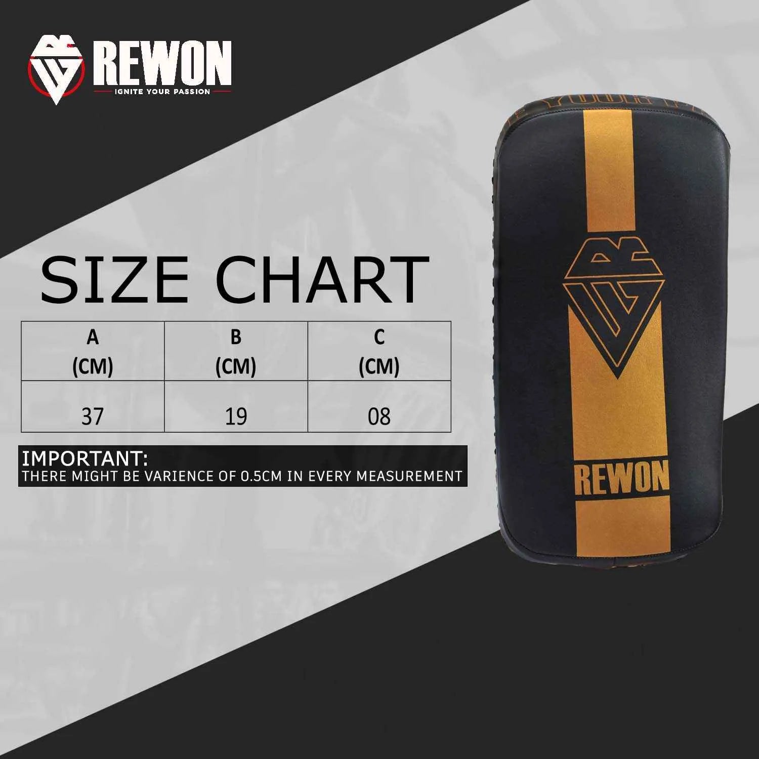 Rewon schwarz-goldene Schlagpolster mit Größenangaben, ideal für Boxen, MMA, und Fitness-Training, langlebig und hochwertig.