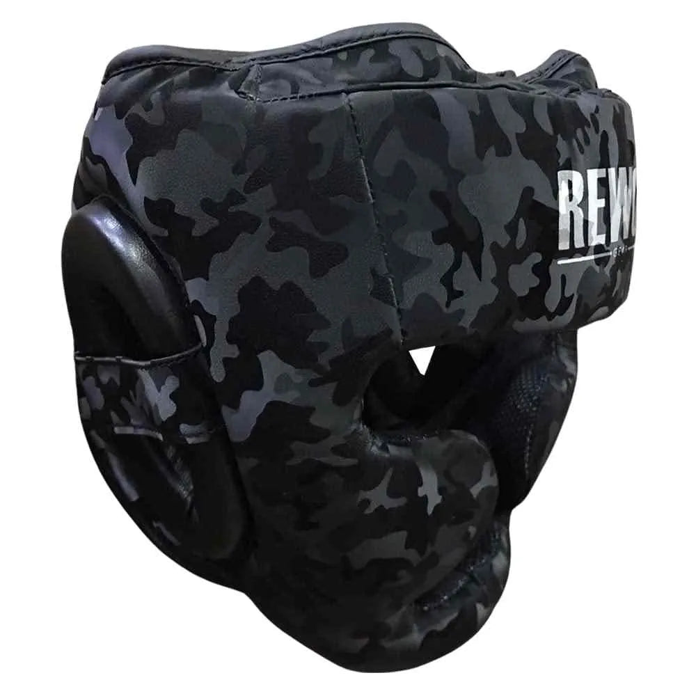 Camouflage Rewon boxing headgear for MMA, kickboxing, providing full face protection with foam padding.