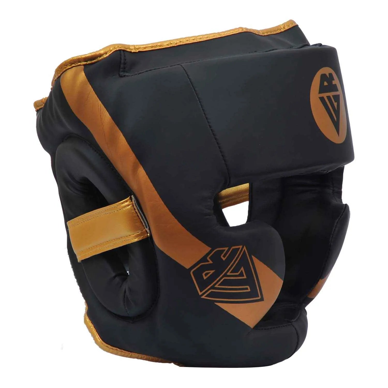 Classic Rewon MMA boxing headgear in golden and black, full face and head protection with foam padding, ideal for all skill levels.