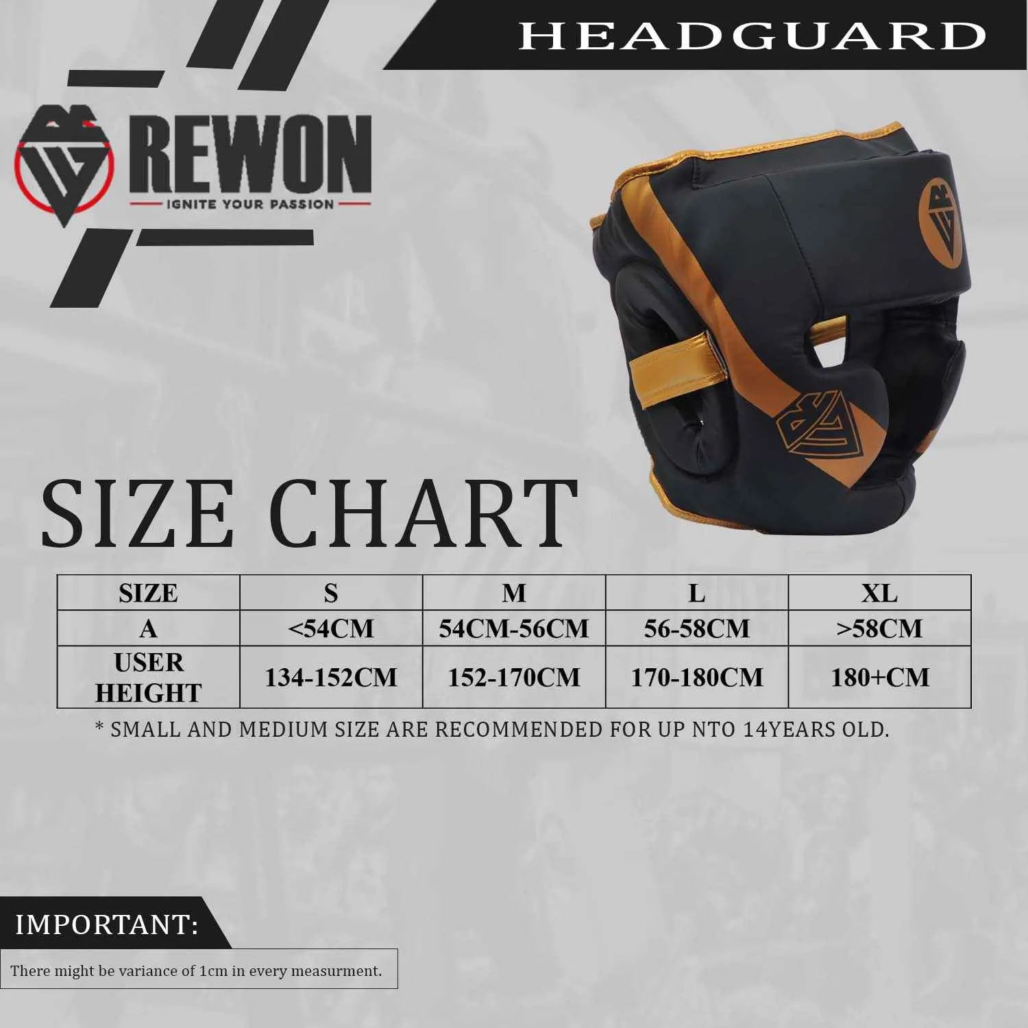Rewon black and gold MMA headguard with size chart for boxing and kickboxing.