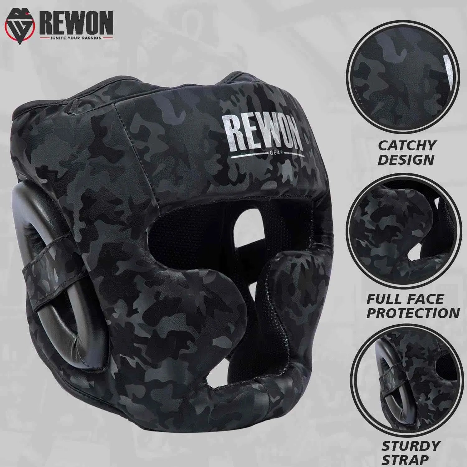 Rewon camouflage boxing headgear with full face protection and sturdy strap for MMA and kickboxing training.