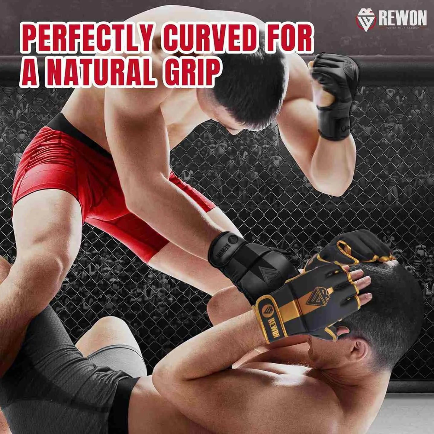 Mehrfarbige Rewon MMA Handschuhe im Einsatz – Ergonomisches Design für einen natürlichen Griff und maximale Kontrolle beim Grappling.