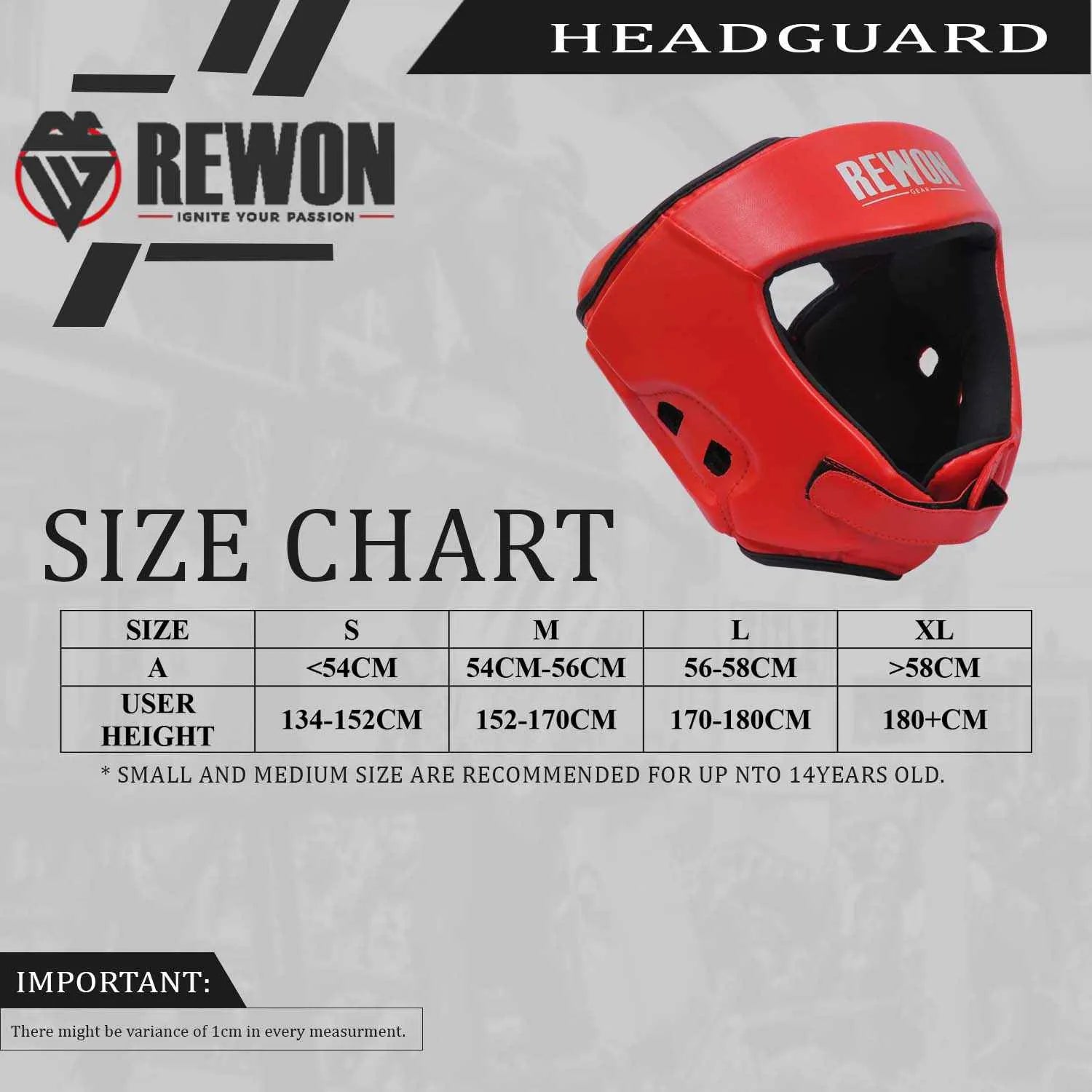 Red Rewon headguard for karate, MMA, and taekwondo with size chart. Ideal for boxing protection and fitness training gear.
