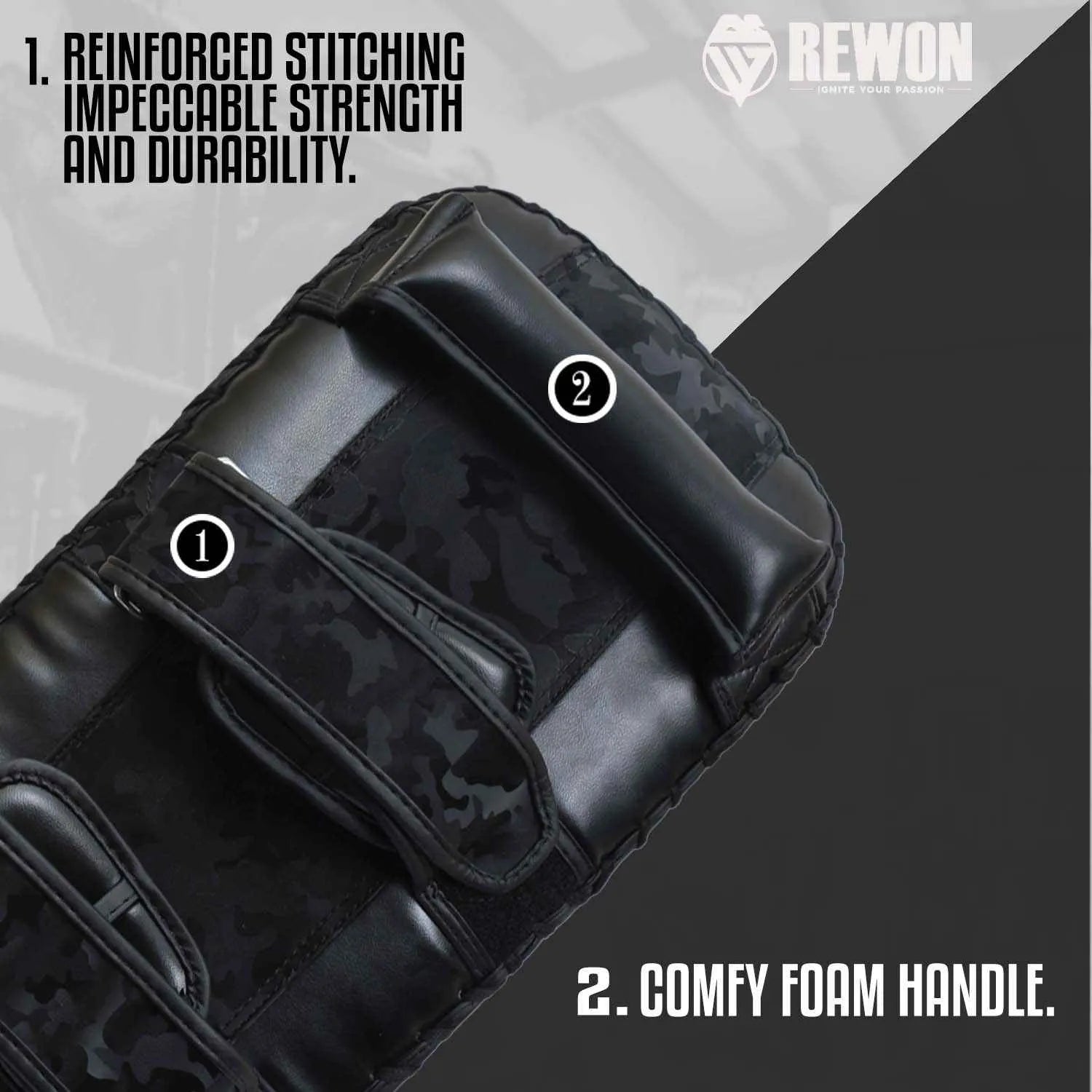 Rewon MMA training pad with reinforced stitching and foam handle for durability, ideal for boxing and kickboxing training.