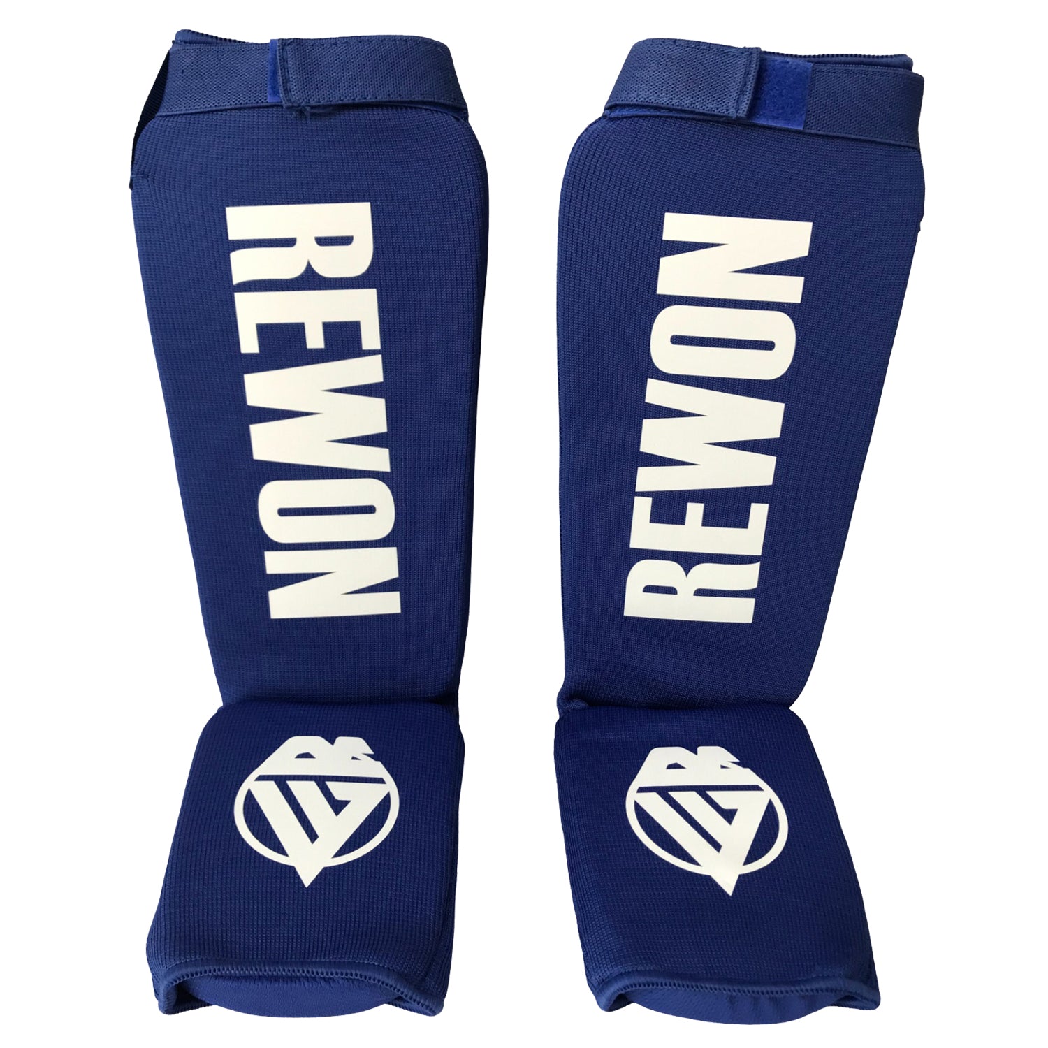 Blue Rewon shin guards for kickboxing, offering customizable fit and comfort, ideal for MMA training and boxing workouts.