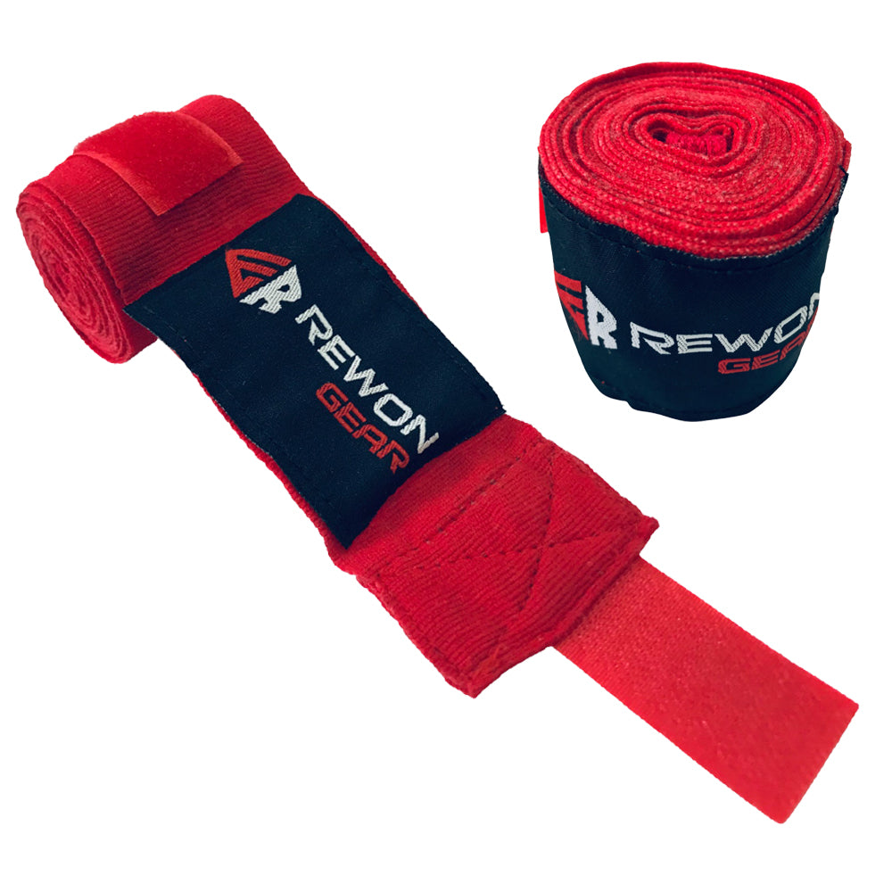 Red Rewon wrist wraps for boxing and fitness, providing support and protection during training. Ideal for boxers and fitness enthusiasts.