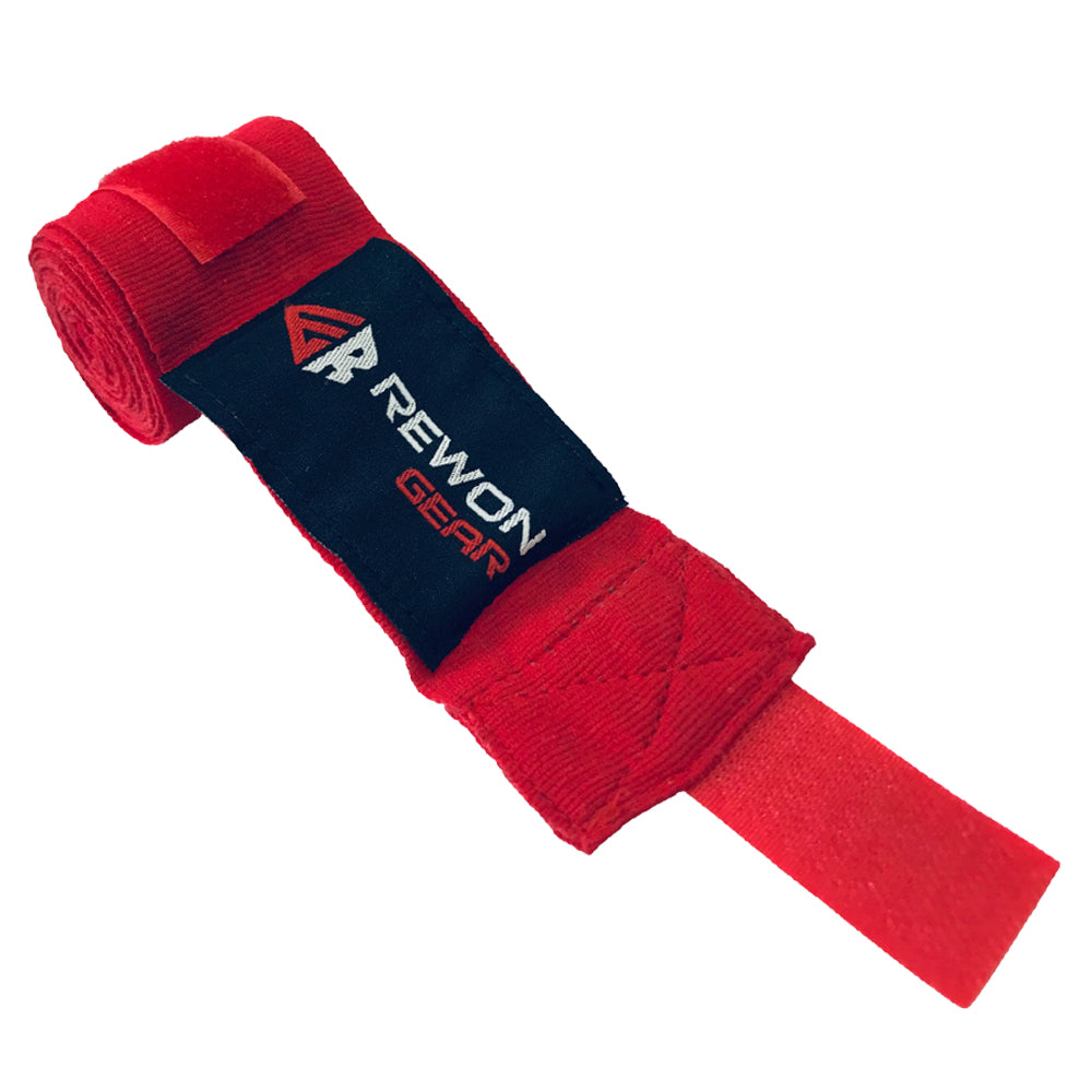 Red Rewon boxing wrist wraps for hand support, ideal for boxing, kickboxing, and fitness. Durable and comfortable.
