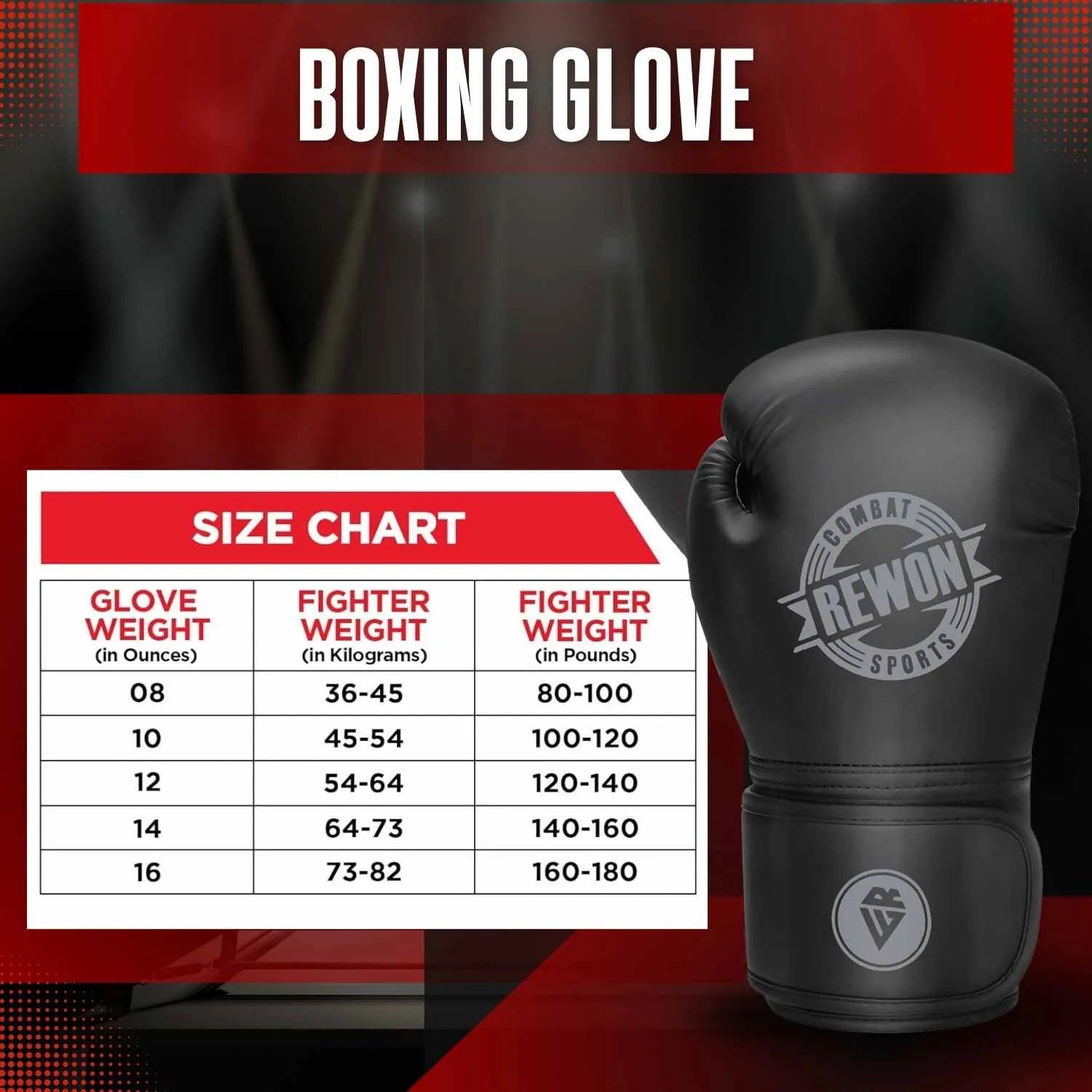 Rewon Boxing Gloves with Size Chart - Ideal for Kickboxing, Muay Thai, Boxtraining; Available in Black, Durable, Comfortable.