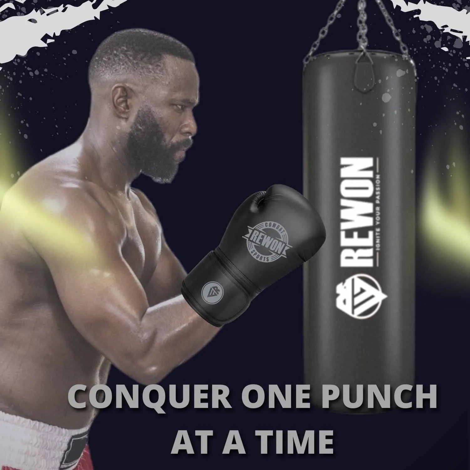 Man boxing with Rewon gloves and punching bag, "Conquer One Punch at a Time" slogan, promoting boxing and fitness equipment.