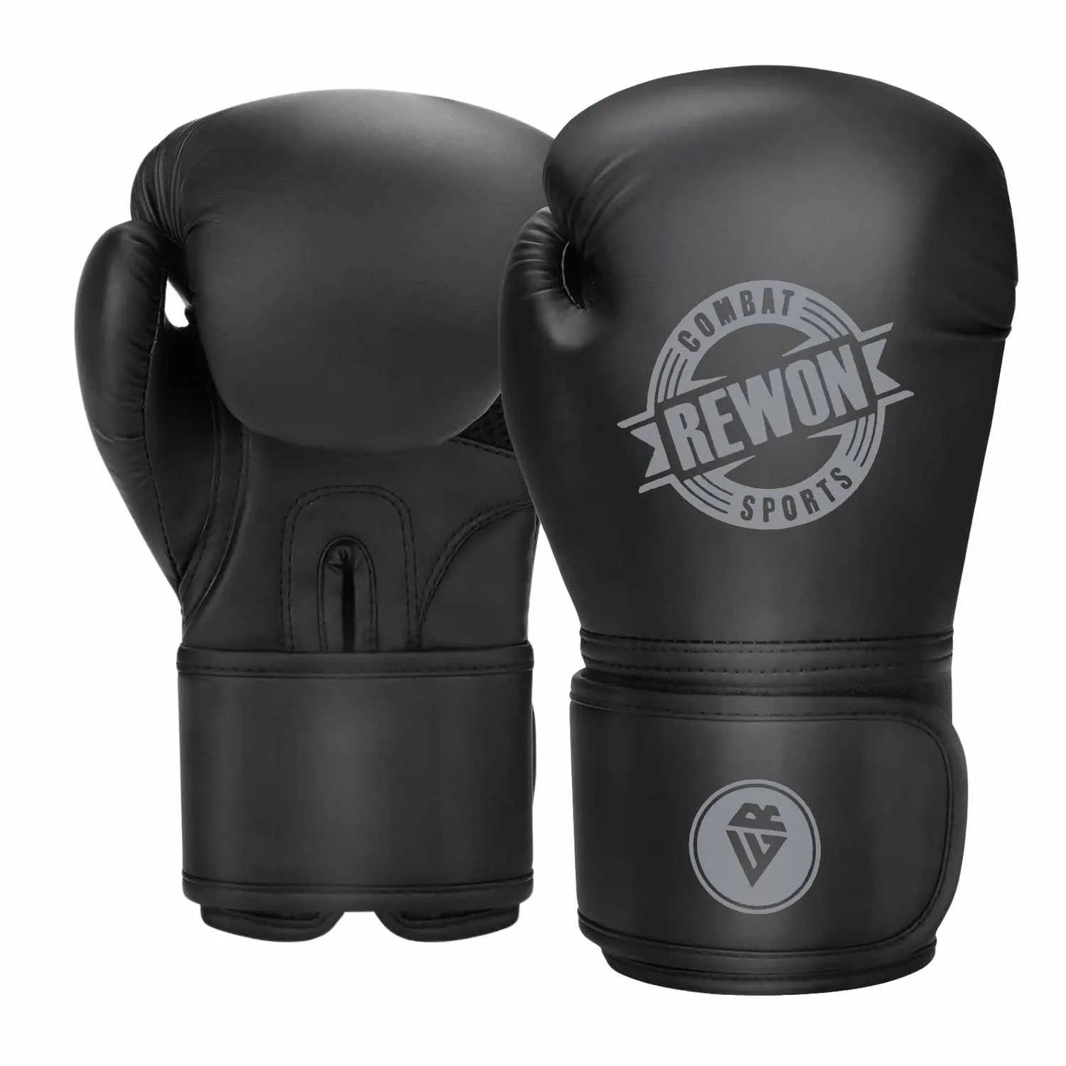 Rewon T10 black boxing gloves for kickboxing and Muay Thai, durable leather, ideal for fitness and home training.