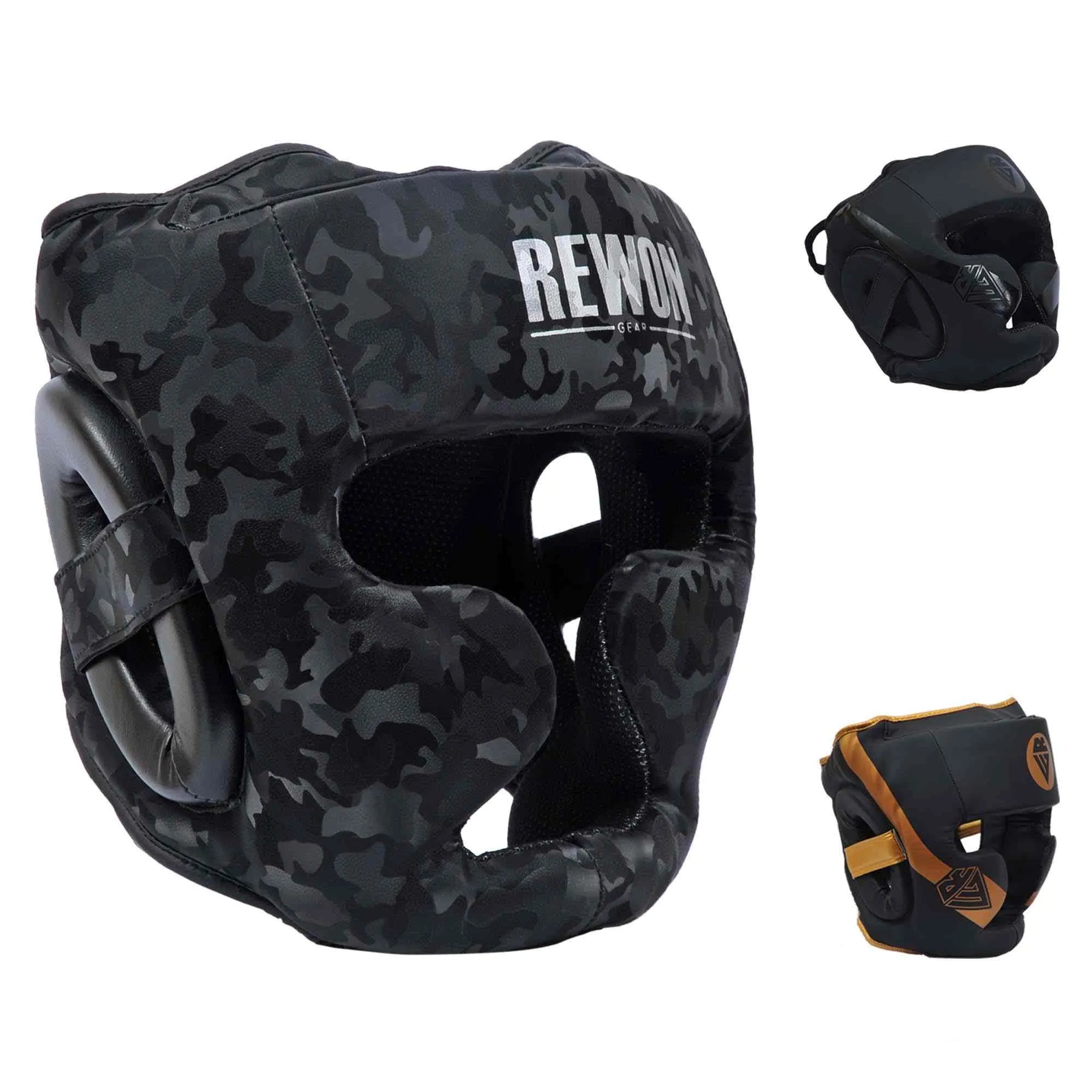 Camouflage Rewon boxing headgear for MMA and kickboxing, offering full face and head protection with foam padding.