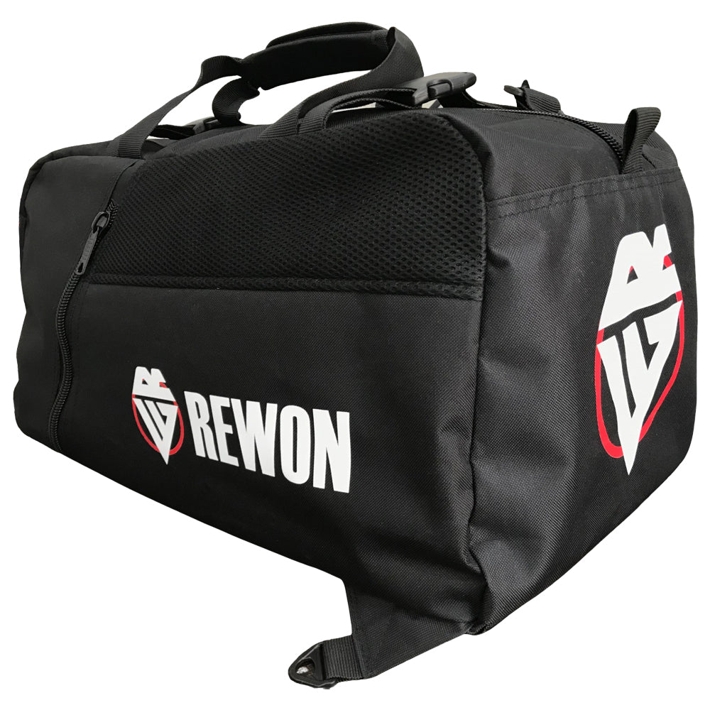 Rewon black and white sports gym bag for Jiu Jitsu, Karate, Boxing, and fitness gear. Ideal for travel and gym use.