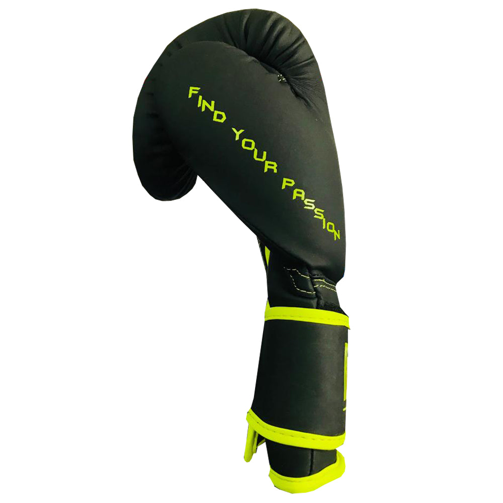 Rewon Excellence R5 black boxing glove with neon accents for kickboxing and Muay Thai.